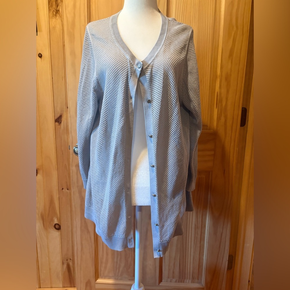 Coldwater Creek Light Gray Open-Knit V-Neck Cardigan silk cotton women’s 1x